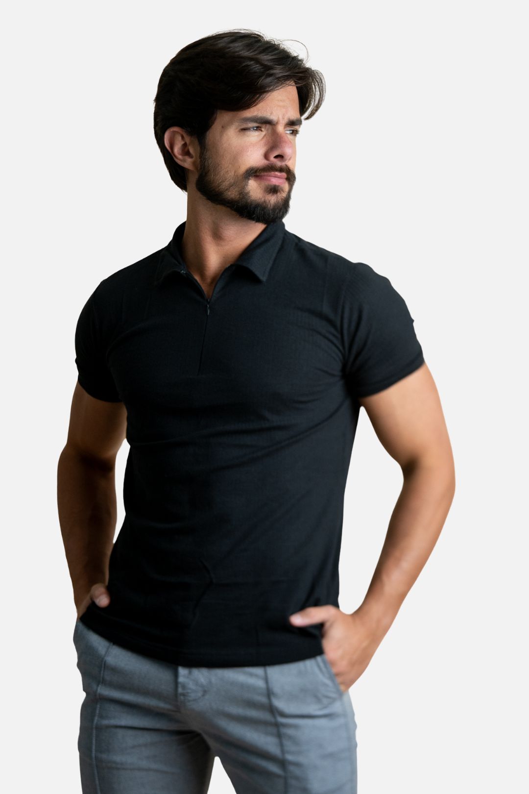 Polo Texturizada com Ziper Preta