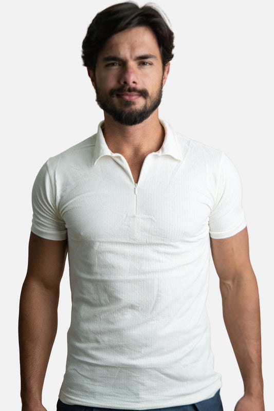 Polo Texturizada com Ziper Branca
