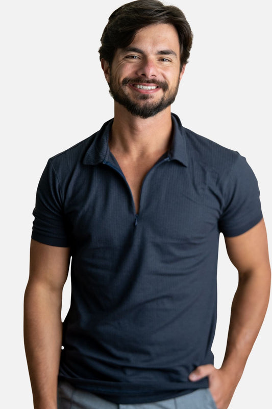 Polo Texturizada com Ziper Azul