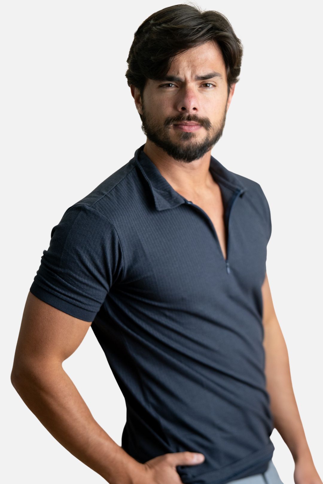 Polo Texturizada com Ziper Azul