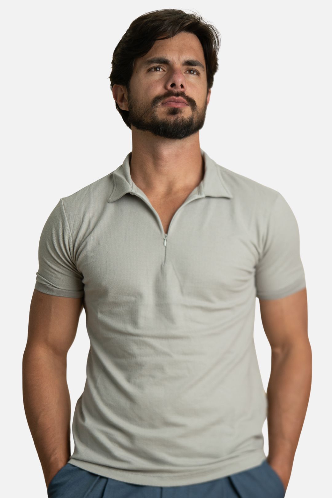 Polo Texturizada com Ziper Cinza