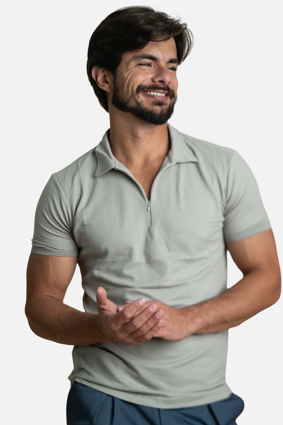 Polo Texturizada com Ziper Cinza