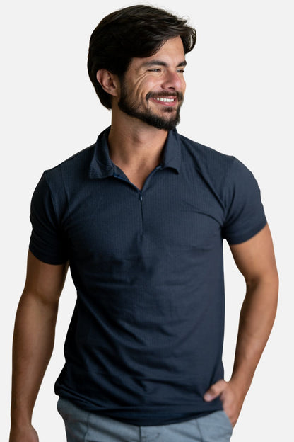 Polo Texturizada com Ziper Azul