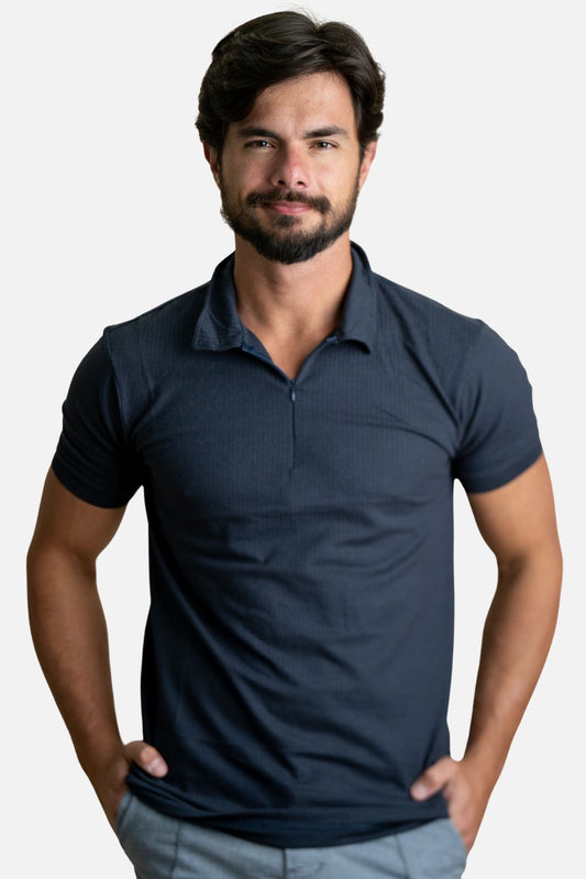 Polo Texturizada com Ziper Azul